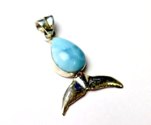 Lovely Natural Sky Blue Larimar .925 Sterling Silver Whale Tail Fin Pendant 38mm – photo 3