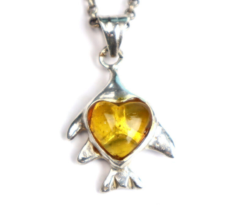 Natural Clear Orange Yellow Amber .925 Sterling Silver Fish Heart Pendant 36mm – photo 3