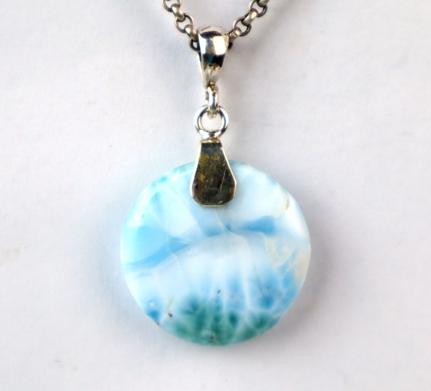 Handcrafted Natural Ocean Blue Larimar 925 Sterling Silver Round Pendant 42mm – photo 6