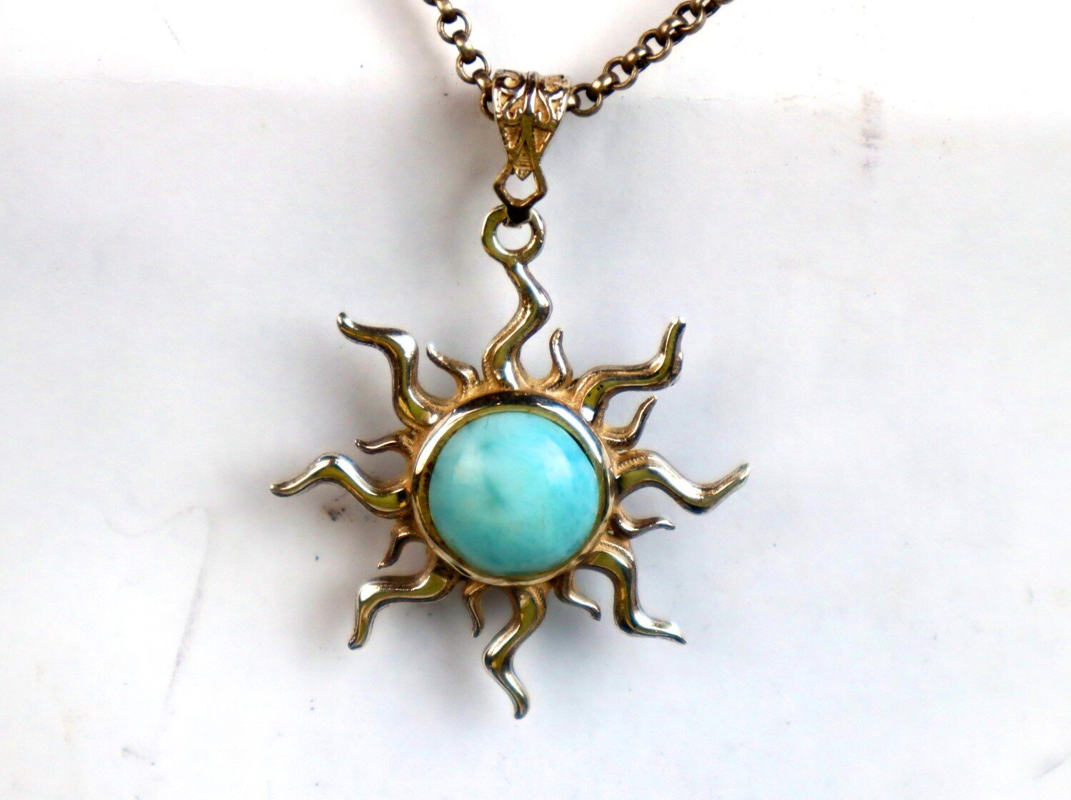 Charming Design Natural Sky Blue Larimar .925 Sterling Silver Sun Pendant 49mm – photo 7