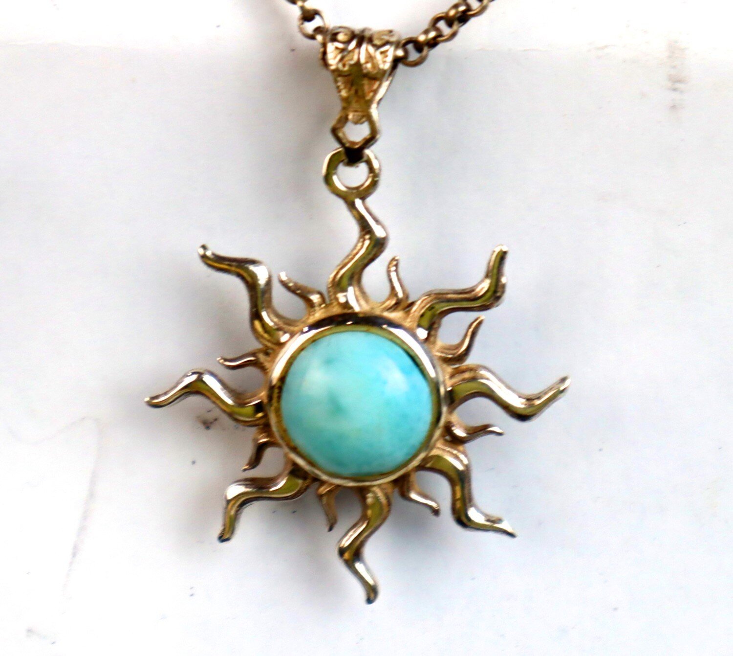 Charming Design Natural Sky Blue Larimar .925 Sterling Silver Sun Pendant 49mm – photo 8