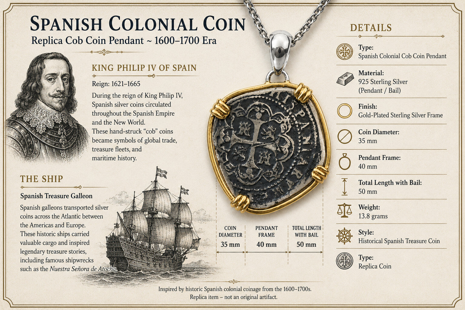 Colonial Pirate Cob Coin Pendant – Atocha Style 925 solid Sterling Silver 52mm
