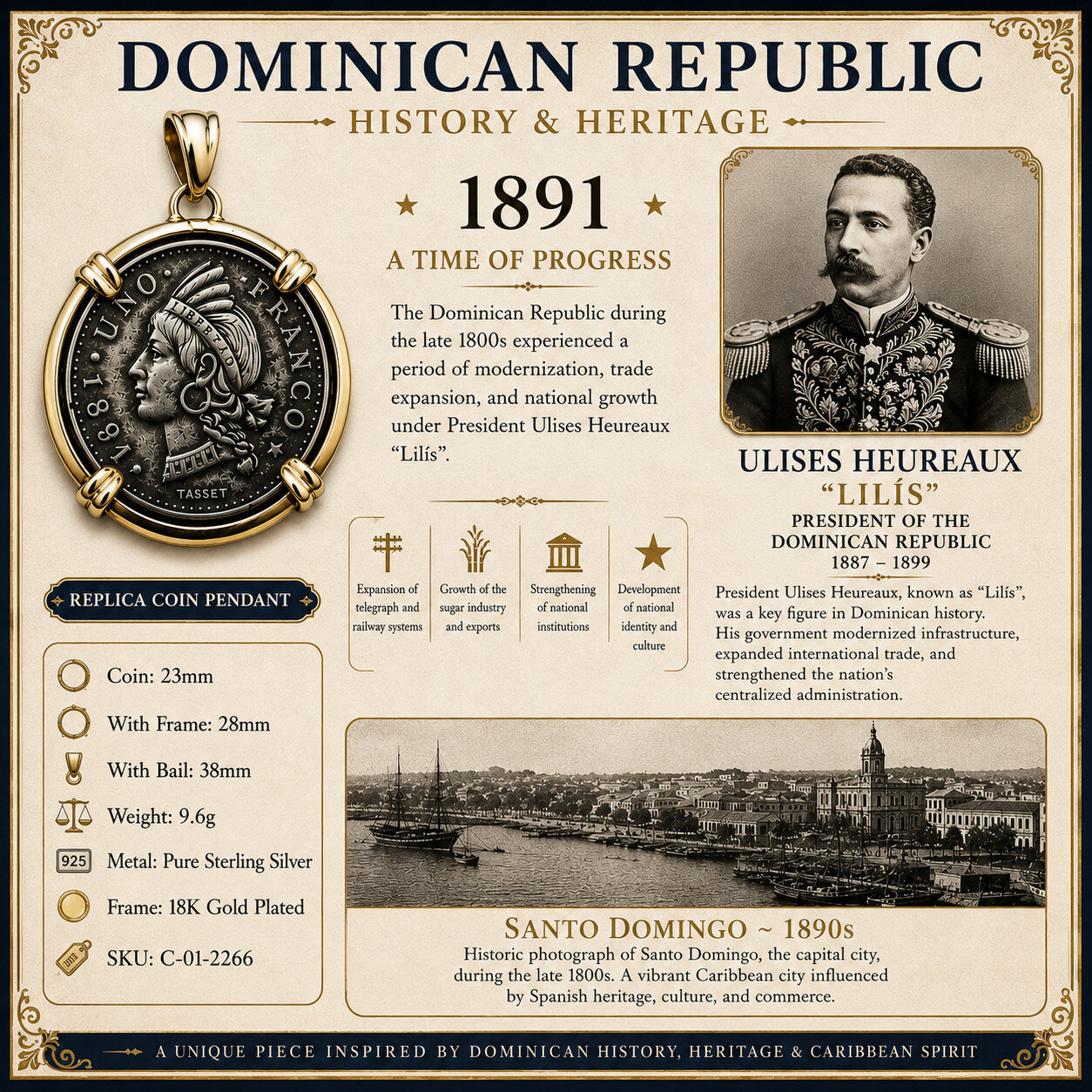 Historic Dominican Coin Pendant 925 Sterling Silver 18K Gold Frame 9.6 grams – photo 3