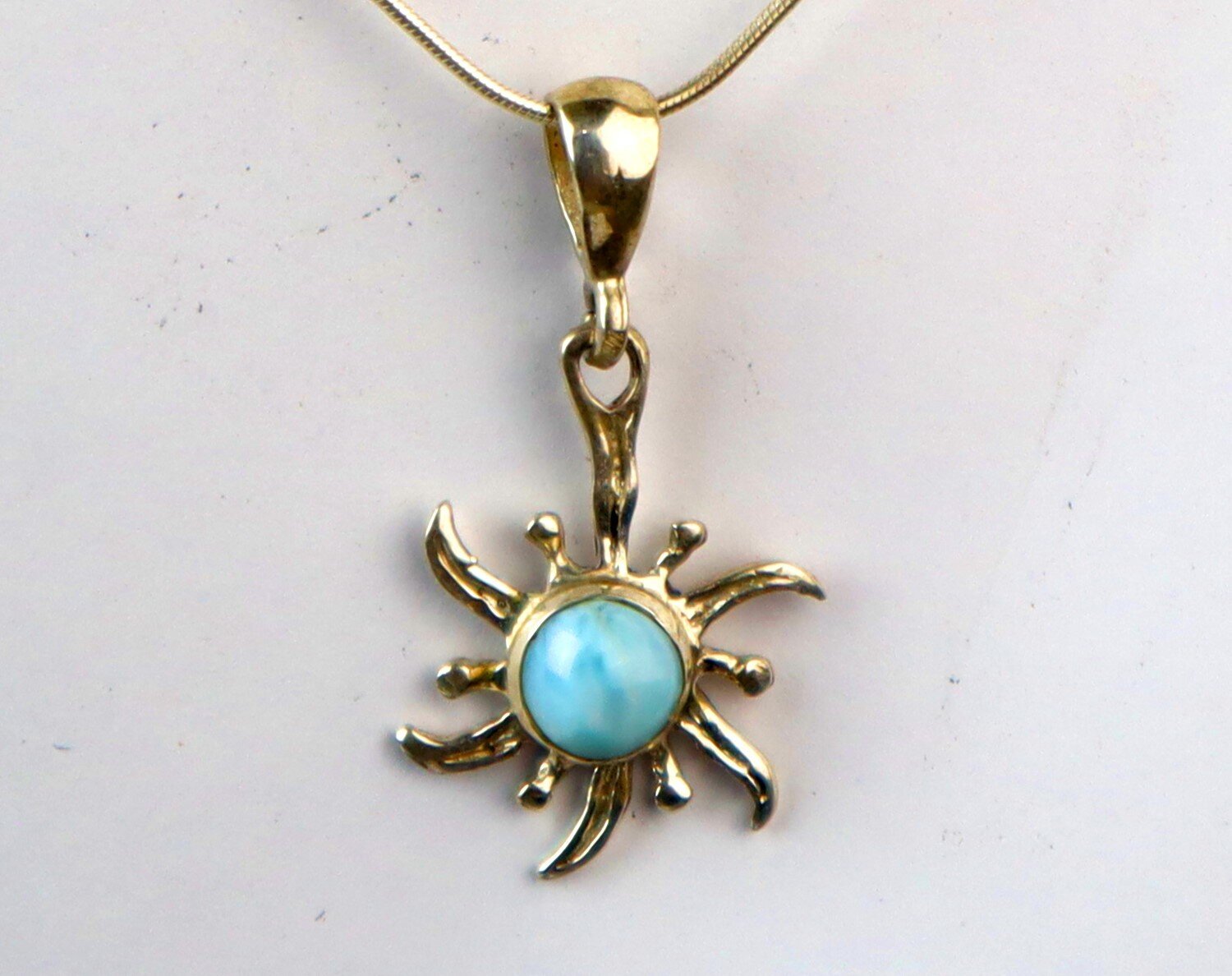 Sky Blue Larimar .925 Sterling Silver Sun Pendant w. Snake Chain Necklace 16 in – photo 3