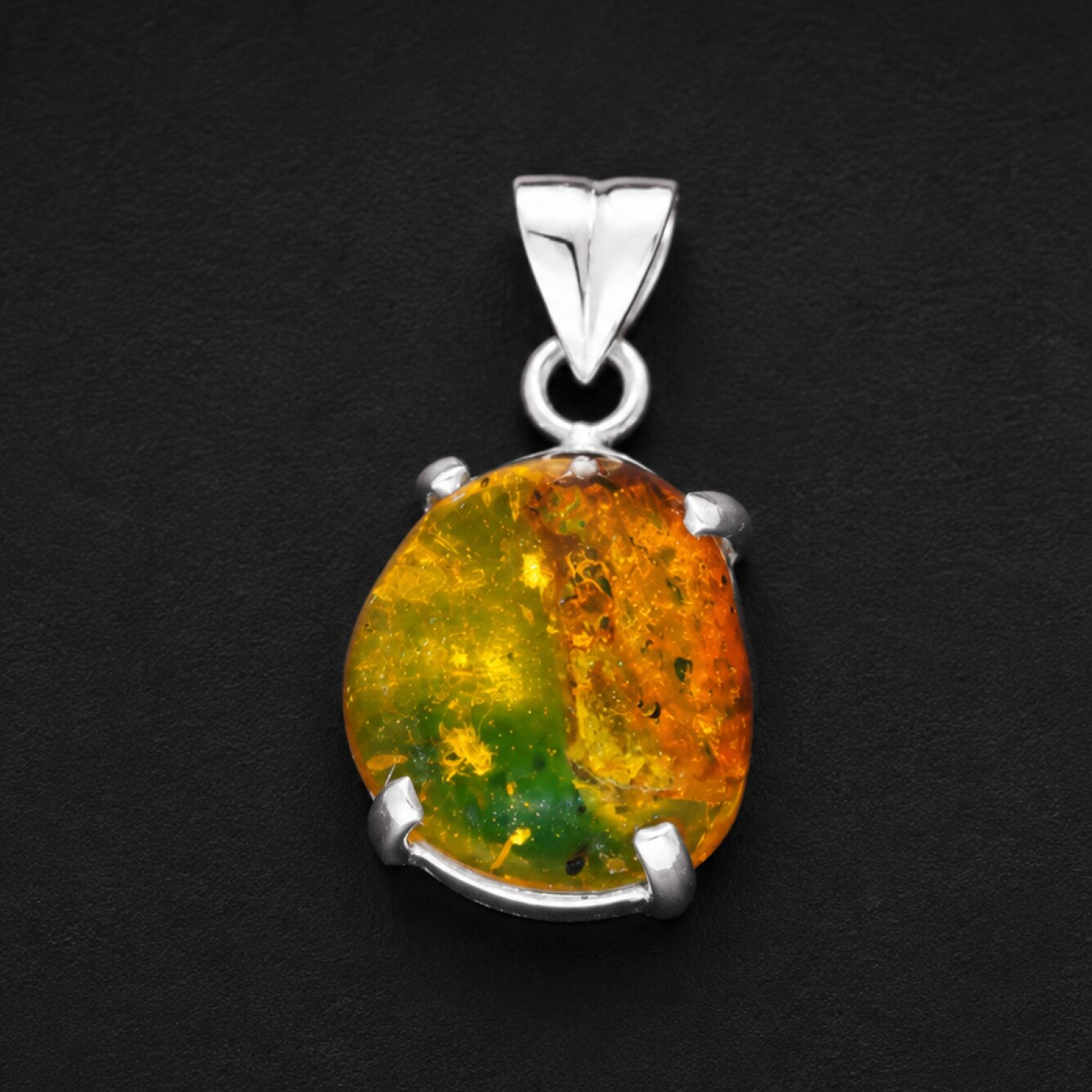Nature-Created Clear Orange Green 925 Sterling Silver Dominican Amber Pendant 29