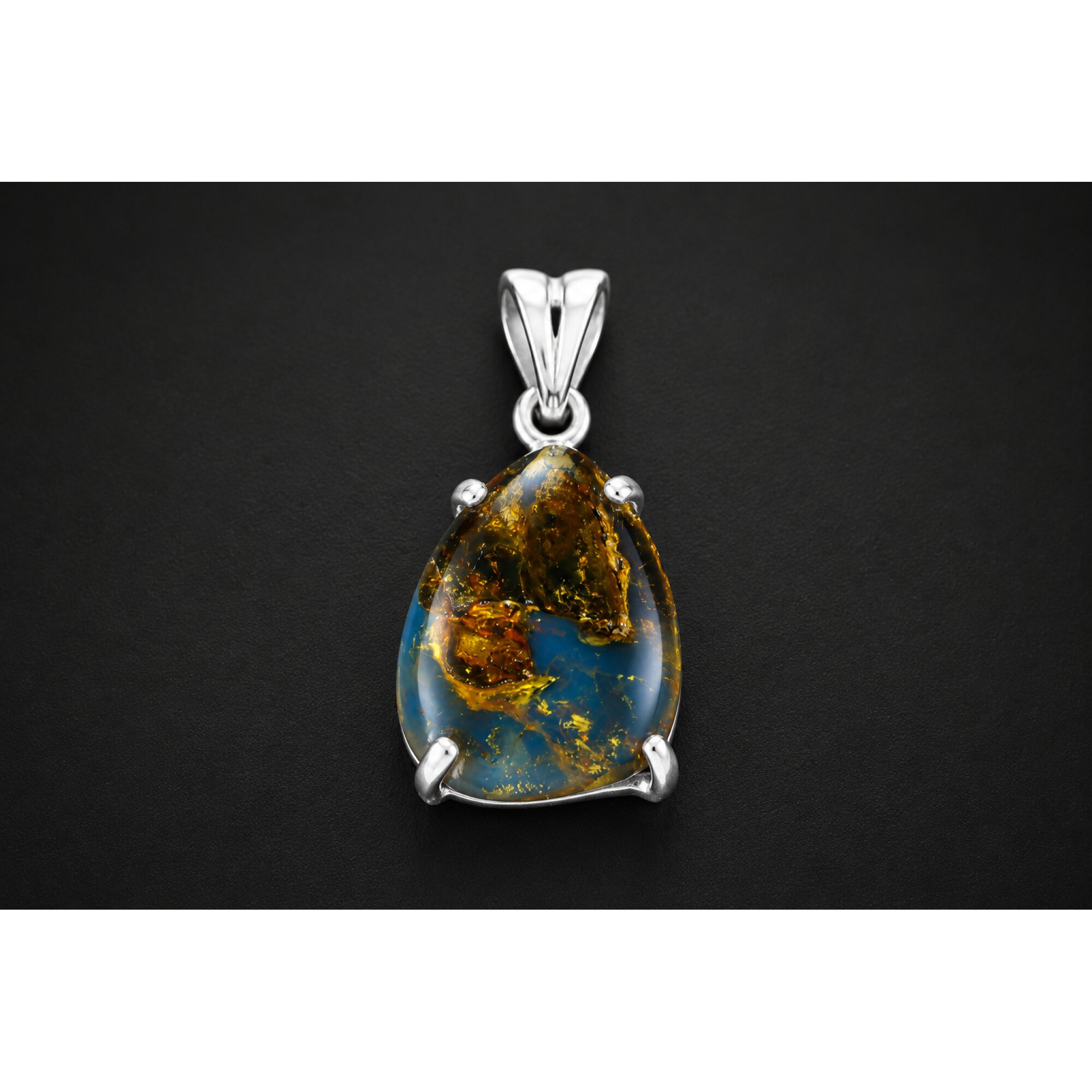 Natural Dominican Blue Amber Pendant 925 Sterling Silver 34 mm freeform dark – photo 3