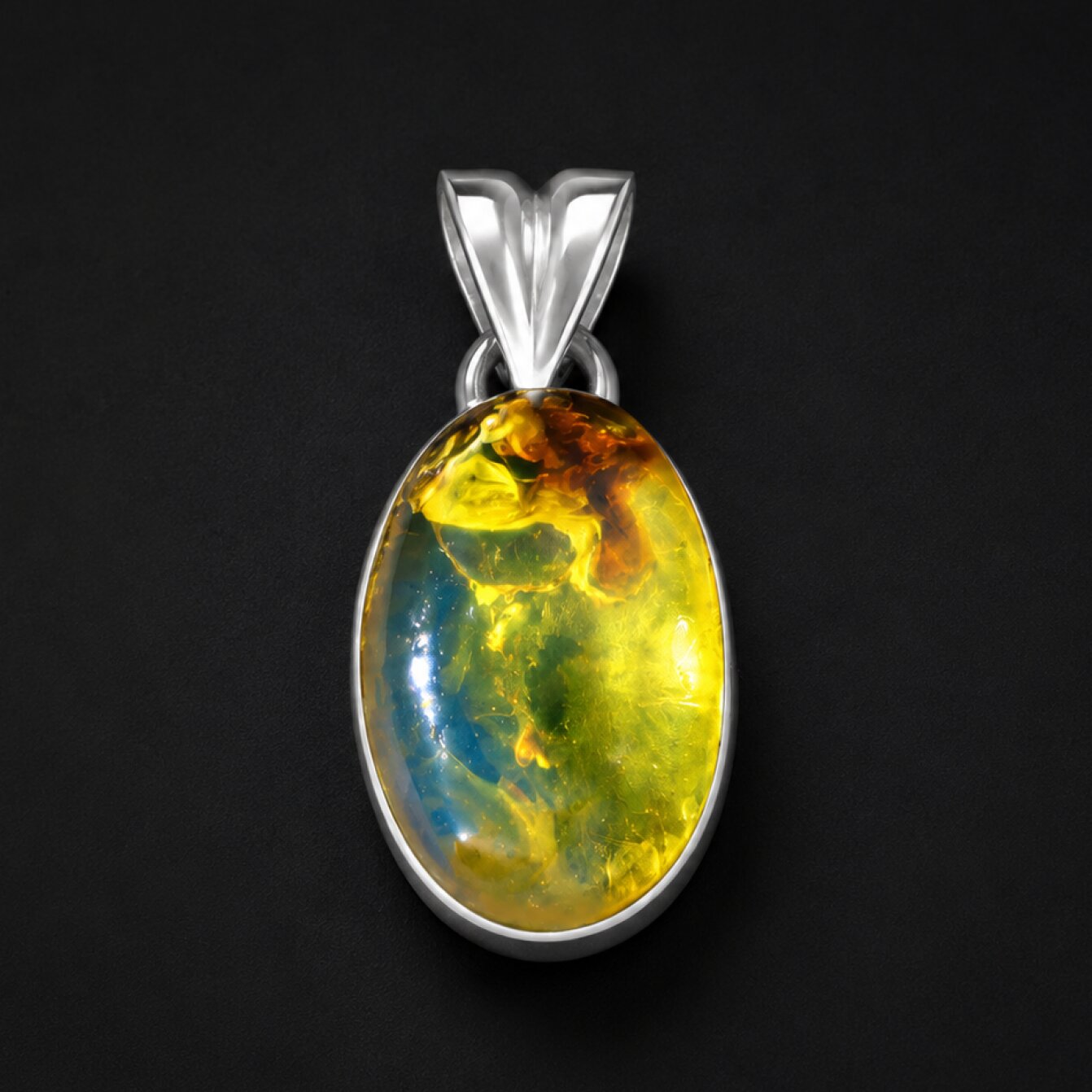 Clear sky blue Natural Dominican Amber oval 925 Sterling Silver Pendant 26 mm – photo 2