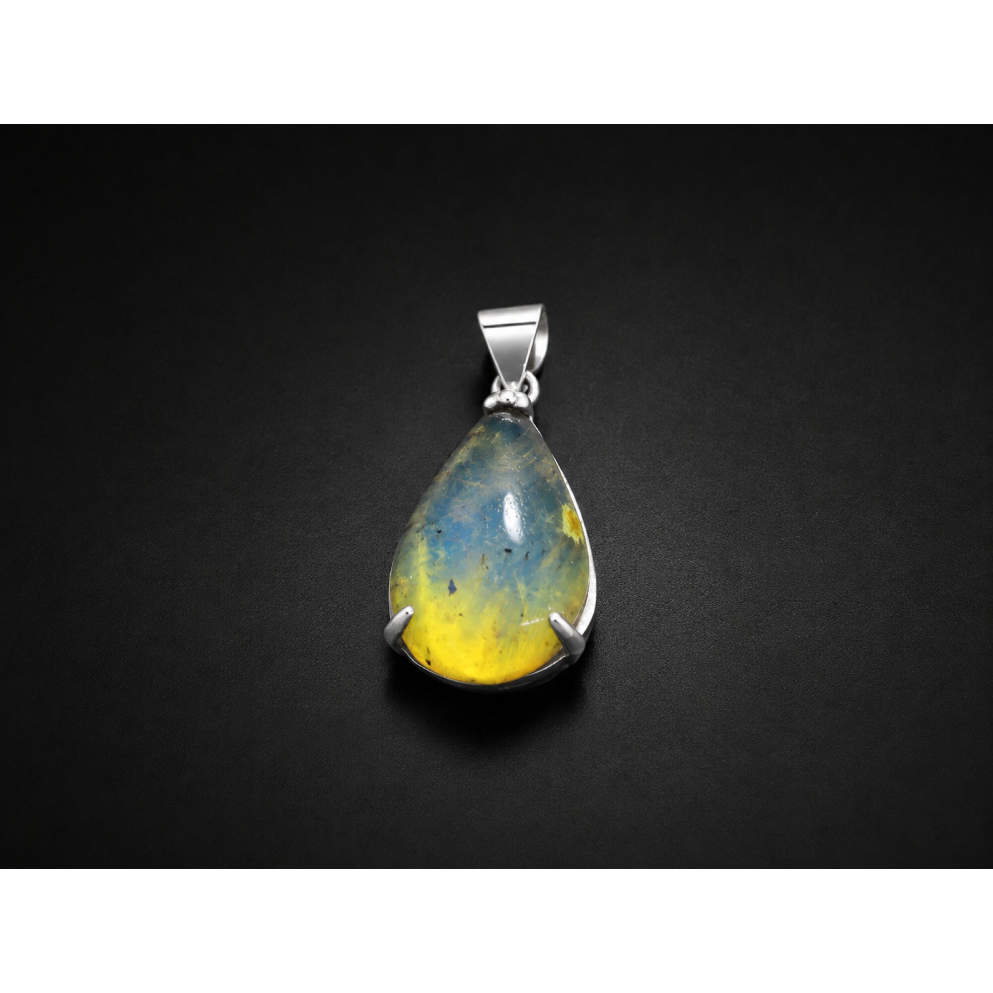 Clear yellow blue Natural Dominican Amber teardrop 925 Sterling Pendant 28 mm – photo 2