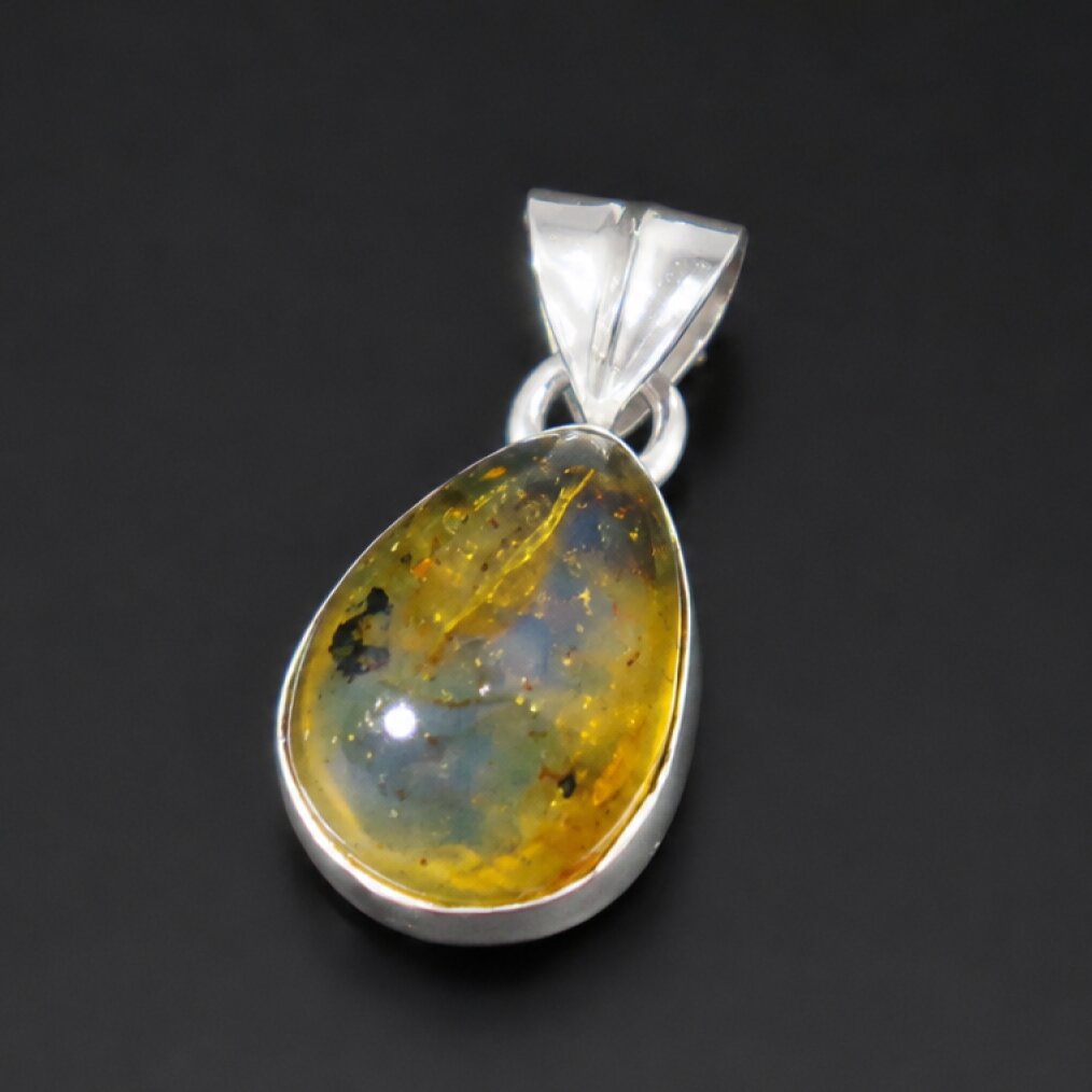 Clear light blue Natural Dominican Amber teardrop 925 Sterling Pendant 22 mm