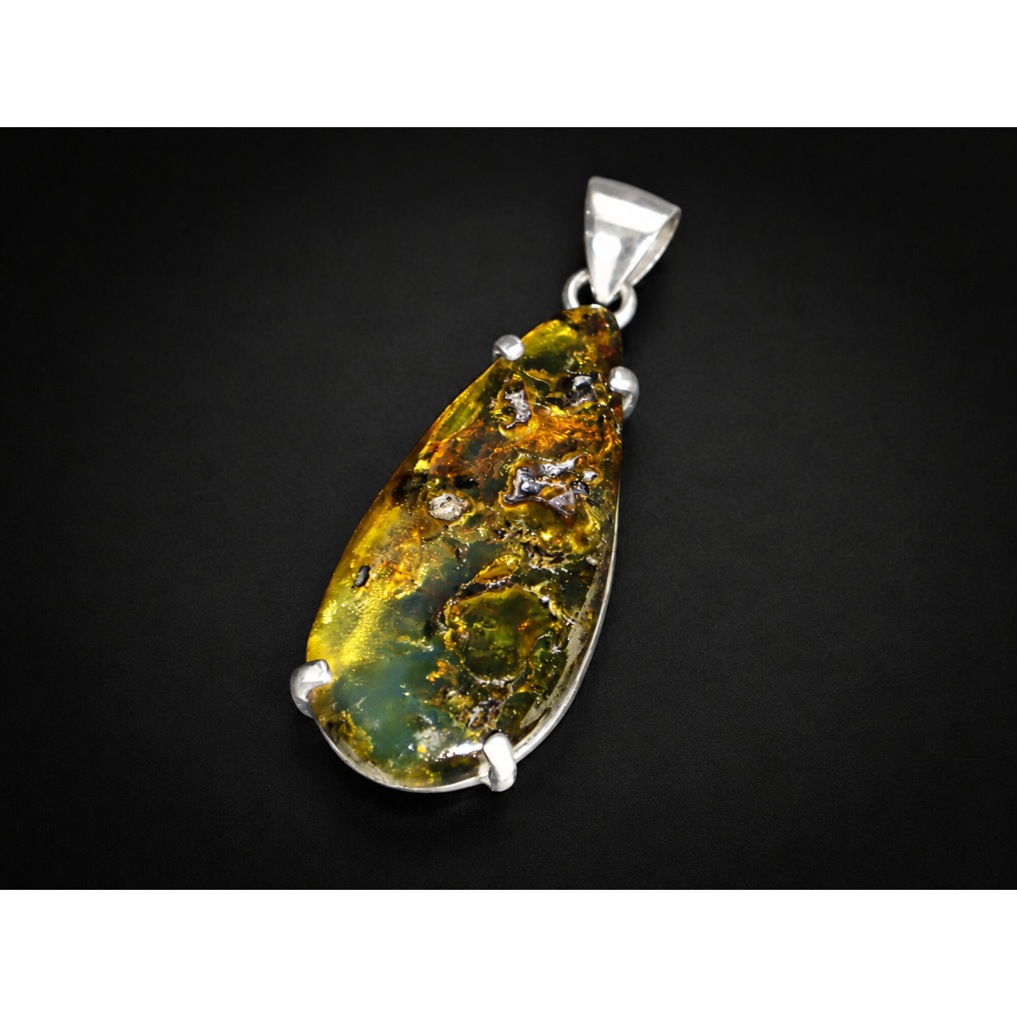 Translucent brown blue Natural Dominican Amber fall leaves 925 Pendant 49 mm – photo 3
