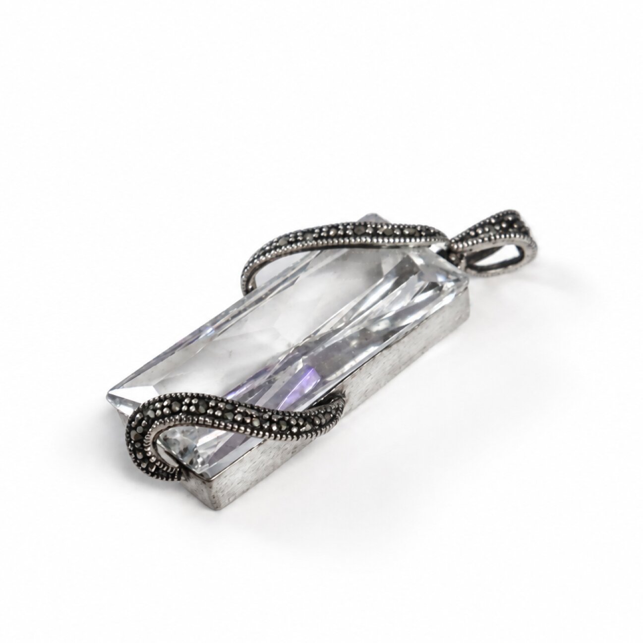 Crystal Clear white Rock Crystal Rectangle 925 Sterling Silver Pendant 50 mm
