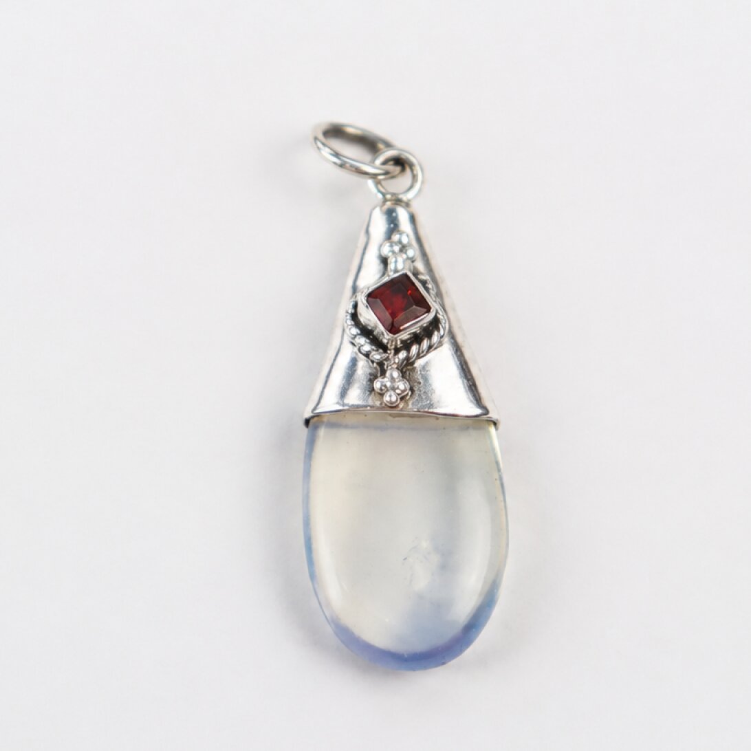 Clear white blue Opalite teardrop 925 Sterling Silver Pendant 38 mm