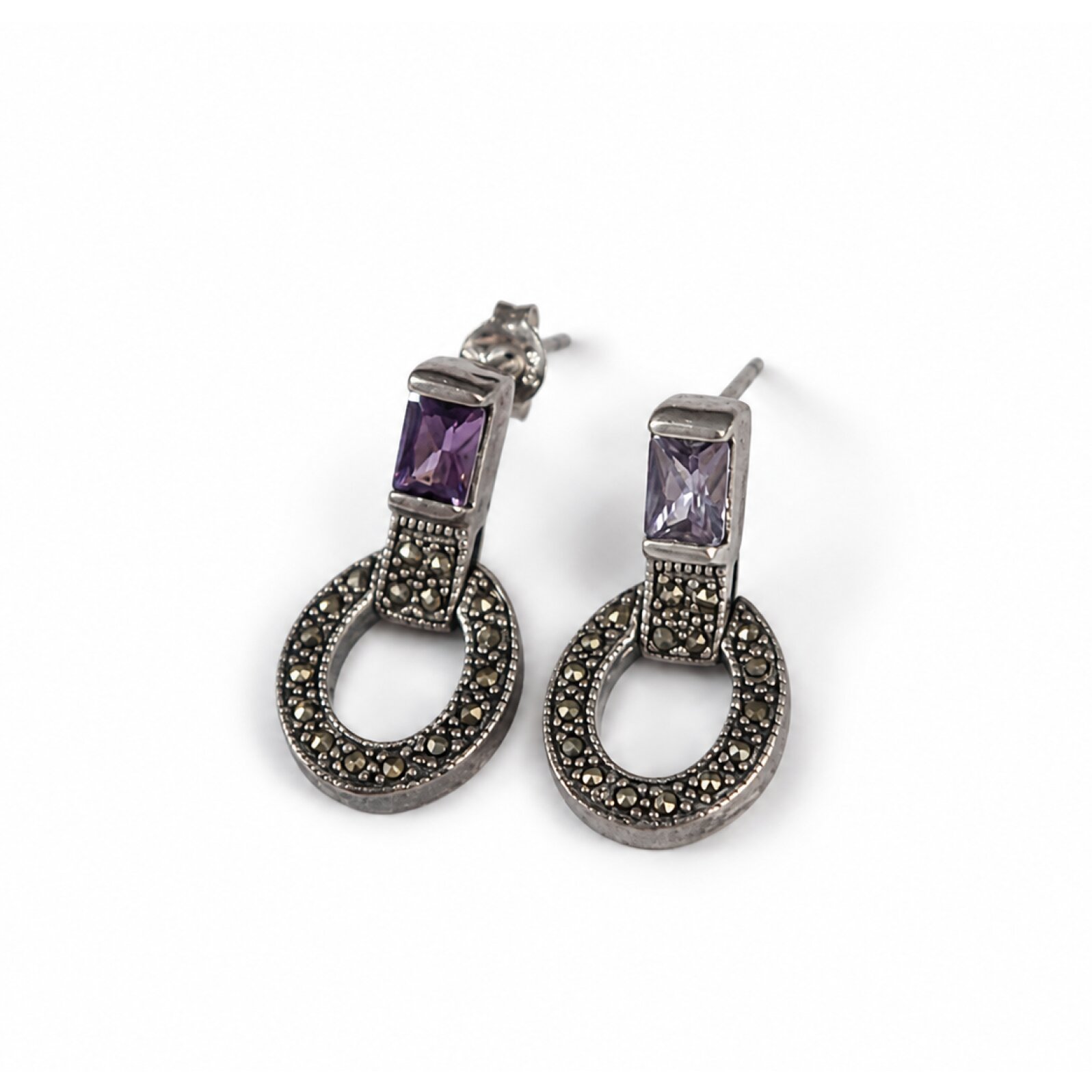 Clear light purple Natural amethyst with Marcasite 925 Sterling Earrings 24 mm