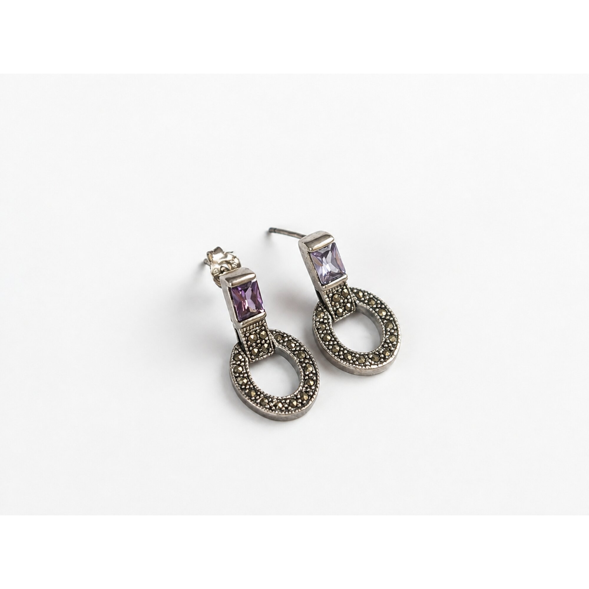Clear light purple Natural amethyst with Marcasite 925 Sterling Earrings 24 mm – photo 3