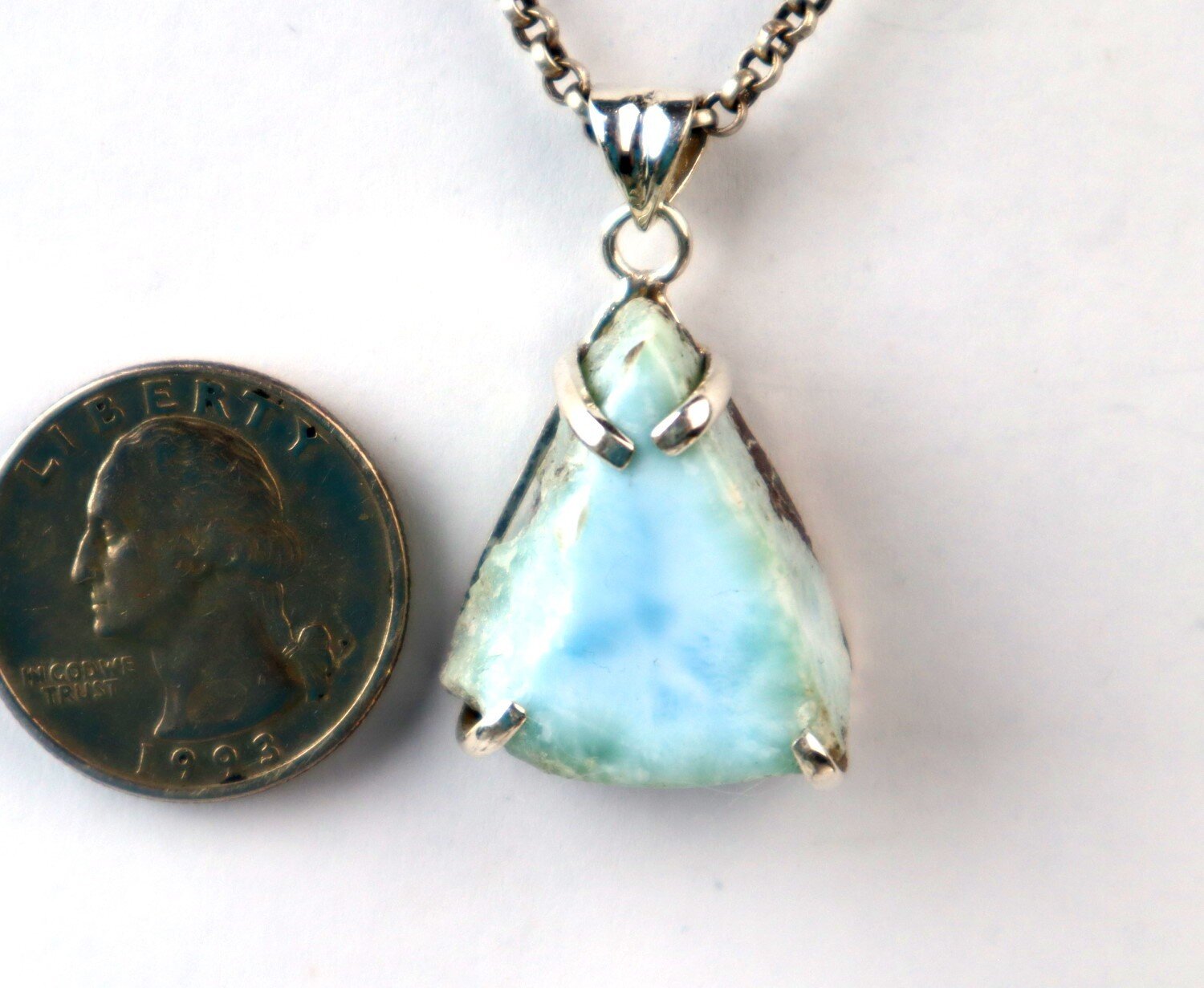 Handcrafted Natural Sky Blue Larimar 925 Sterling Silver Triangle Slice Pendant – photo 7