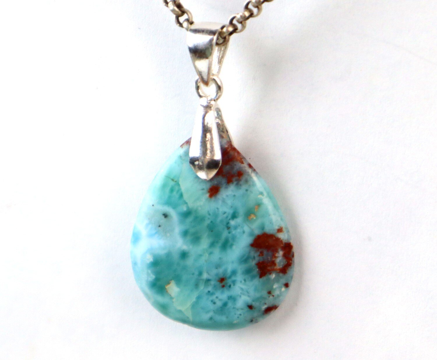 Charming Design Natural Ocean Blue Larimar .925 Sterling Silver Pendant 42mm – photo 7