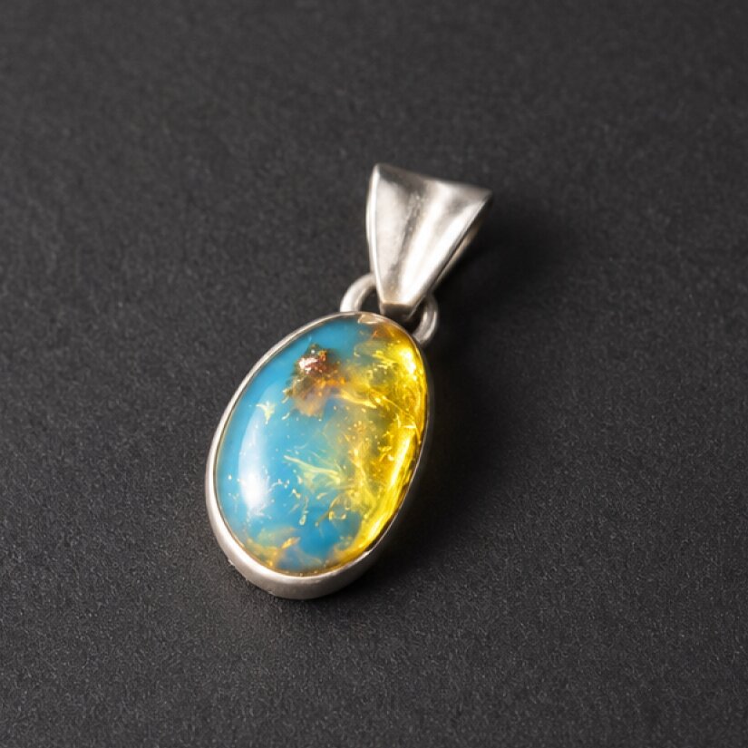 Handcrafted sky blue Dominican amber sterling silver pendant 24mm