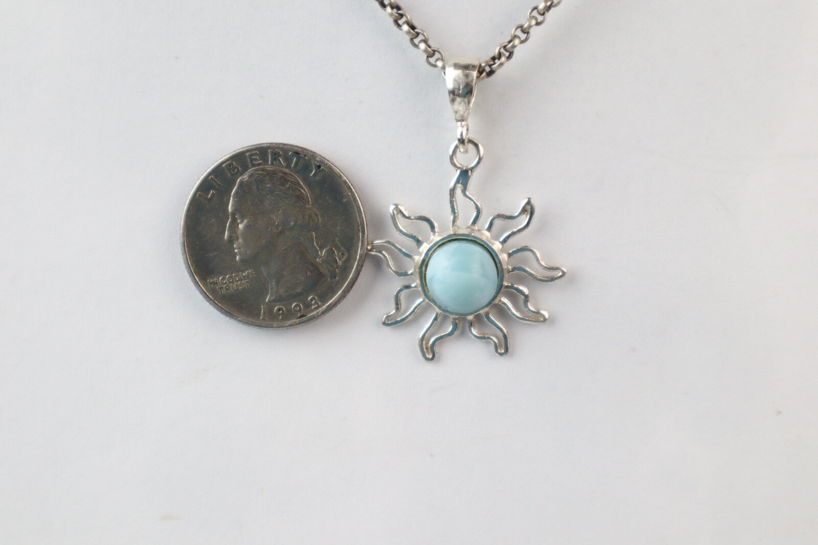 Exquisite Handcrafted Sky Blue Larimar 925 Sterling Silver Sun Pendant 39mm – photo 4