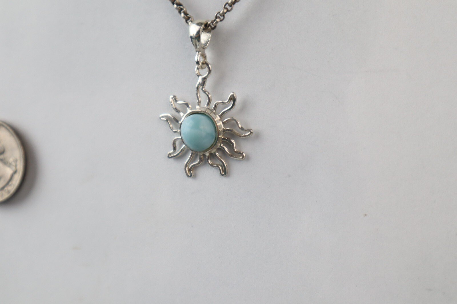 Exquisite Handcrafted Sky Blue Larimar 925 Sterling Silver Sun Pendant 39mm – photo 7