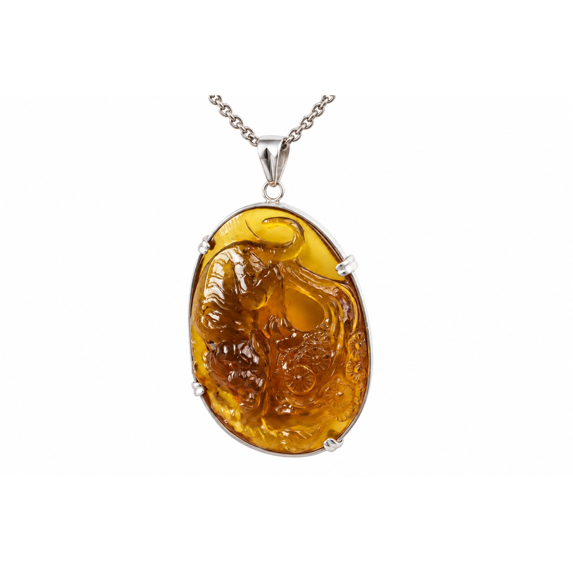 Hand Carved Tiger Dominican Green Amber Sterling Silver Pendant 64mm – photo 19