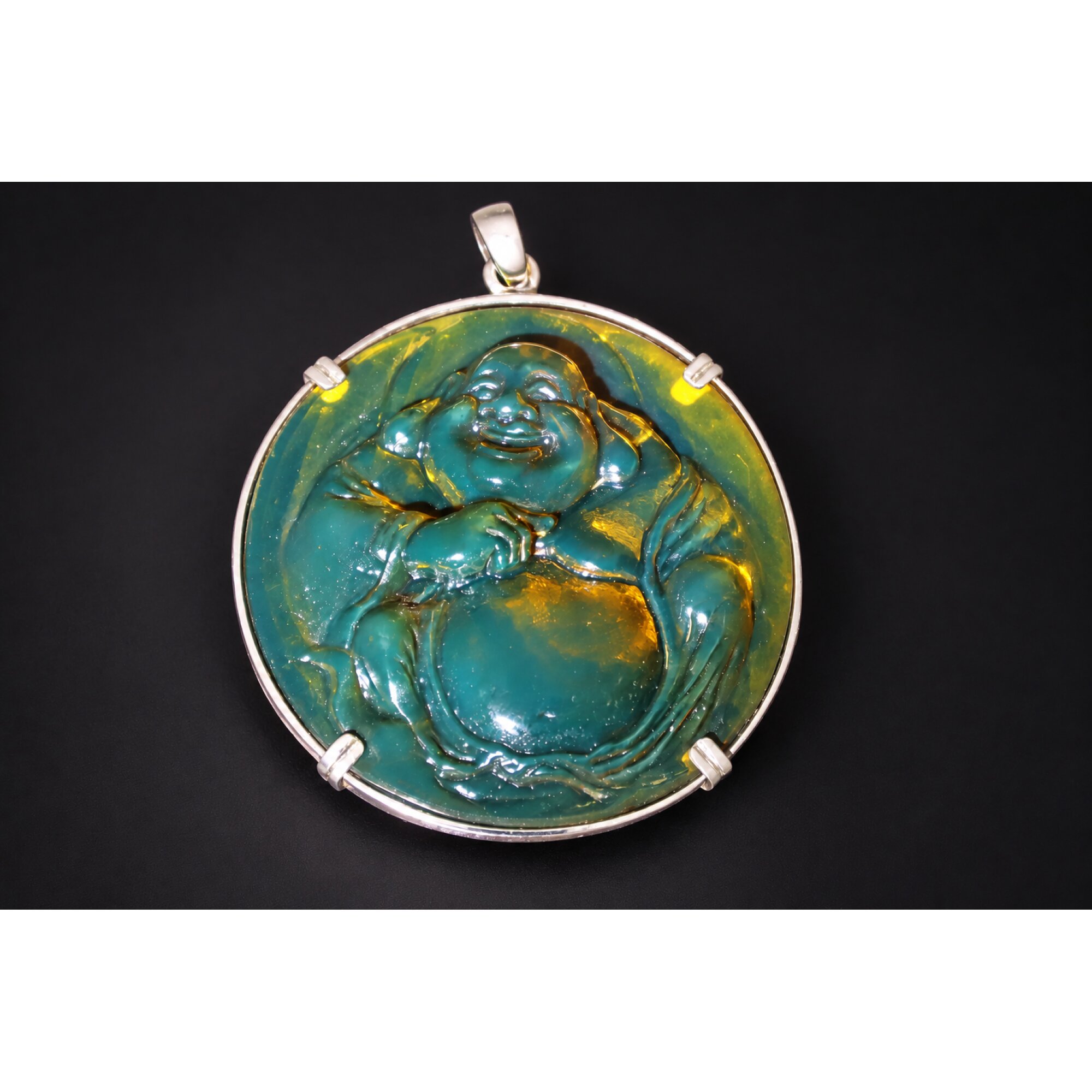 Expertly hand carved cognac green Dominican amber sterling silver pendant 63mm – photo 15