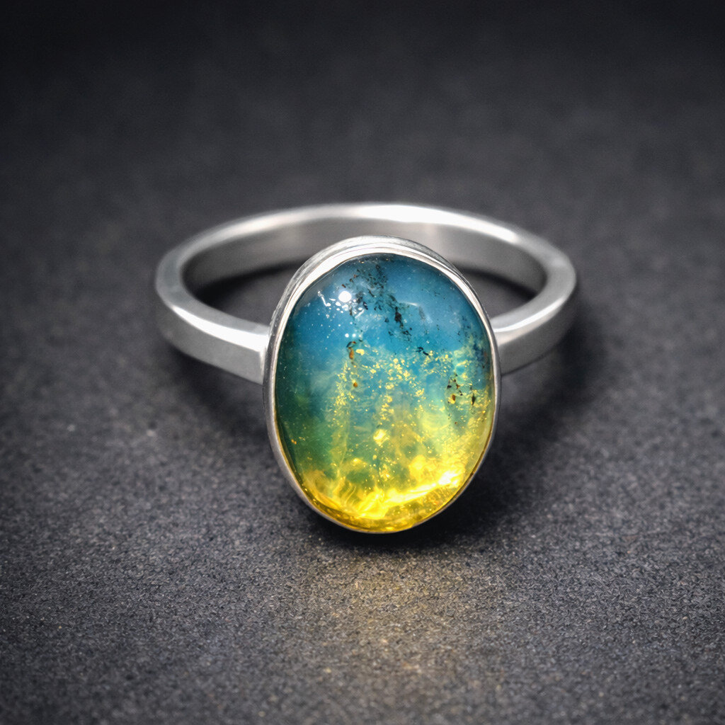 Exquisite Natural Clear Ocean Blue Amber .925 Sterling Silver Ring #6