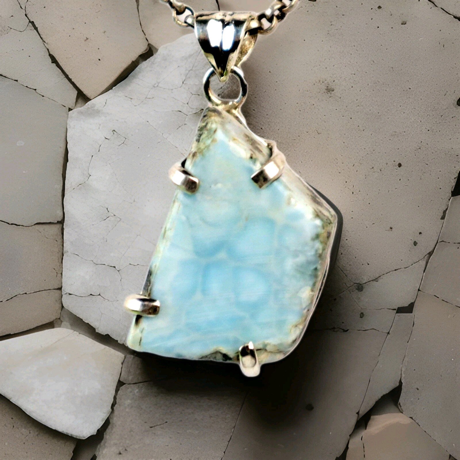 Natural Light Blue Larimar Slice .925 Sterling Silver Pendant 38mm – photo 4