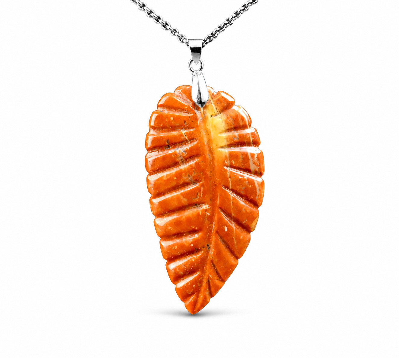3 1/4 inch Natural Hand Carved Red Jasper .925 Sterling Silver Leaf Pendant – photo 2