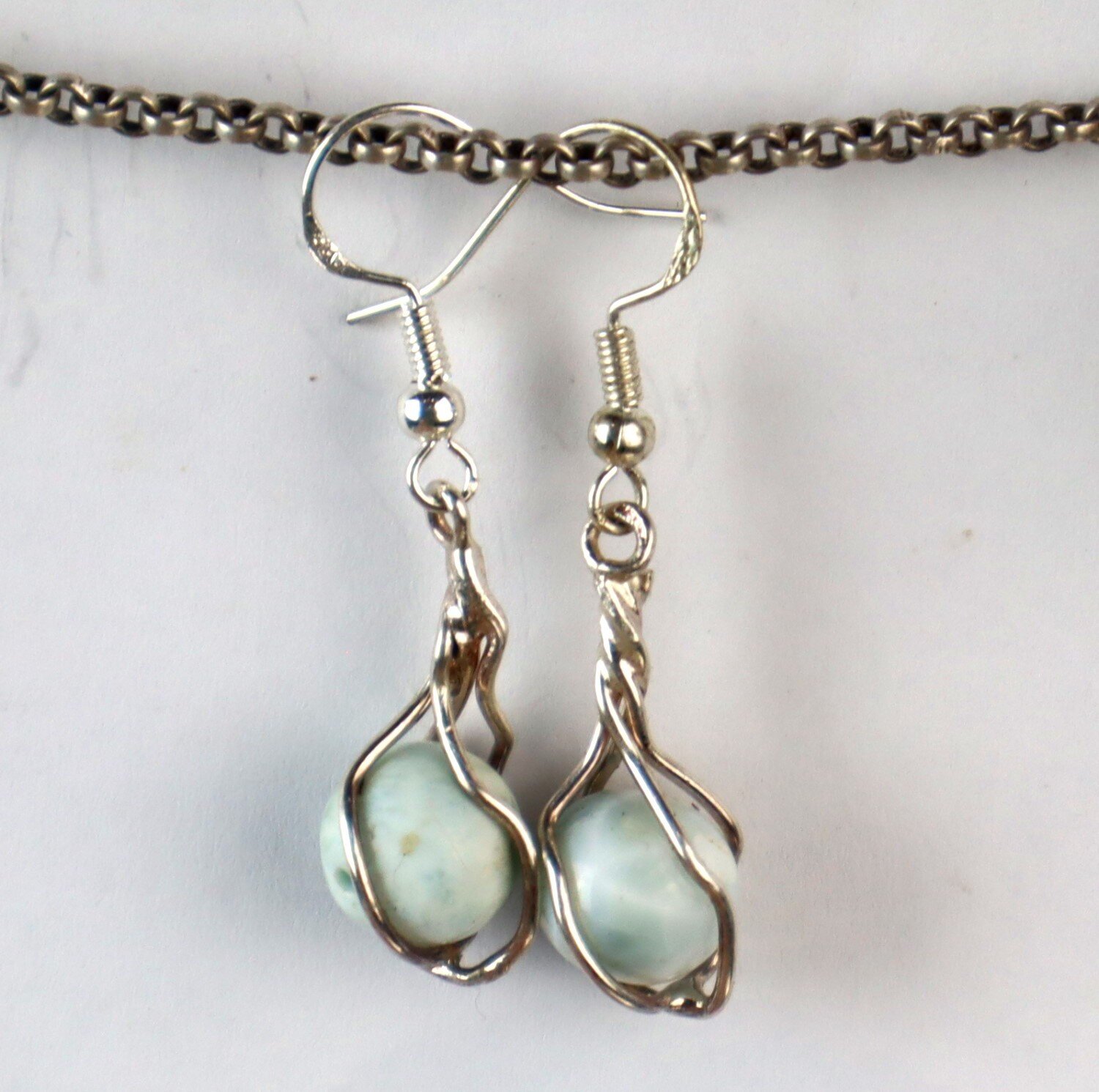 Beautiful Natural Light Blue Larimar .925 Sterling Silver Dangle Earrings 42.0mm – photo 4