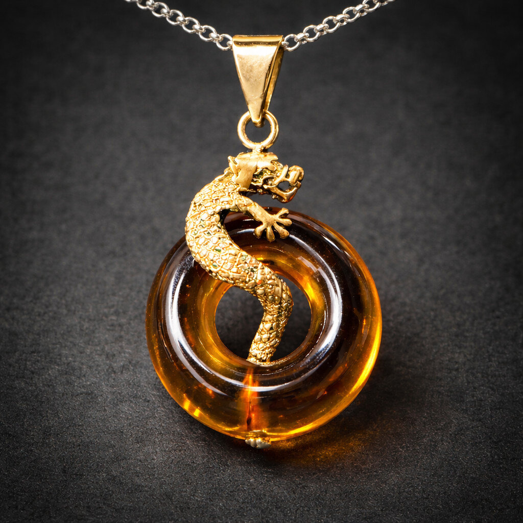 Exquisite 2 inch Natural Clear Yellow Orange Amber Doughnut Dragon Pendant – photo 3