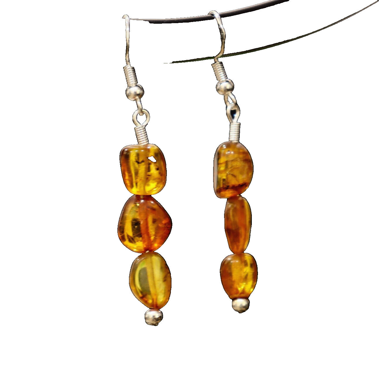 Charming Design Natural Clear Orange Yellow Amber Silver Earrings 2 1/4inch