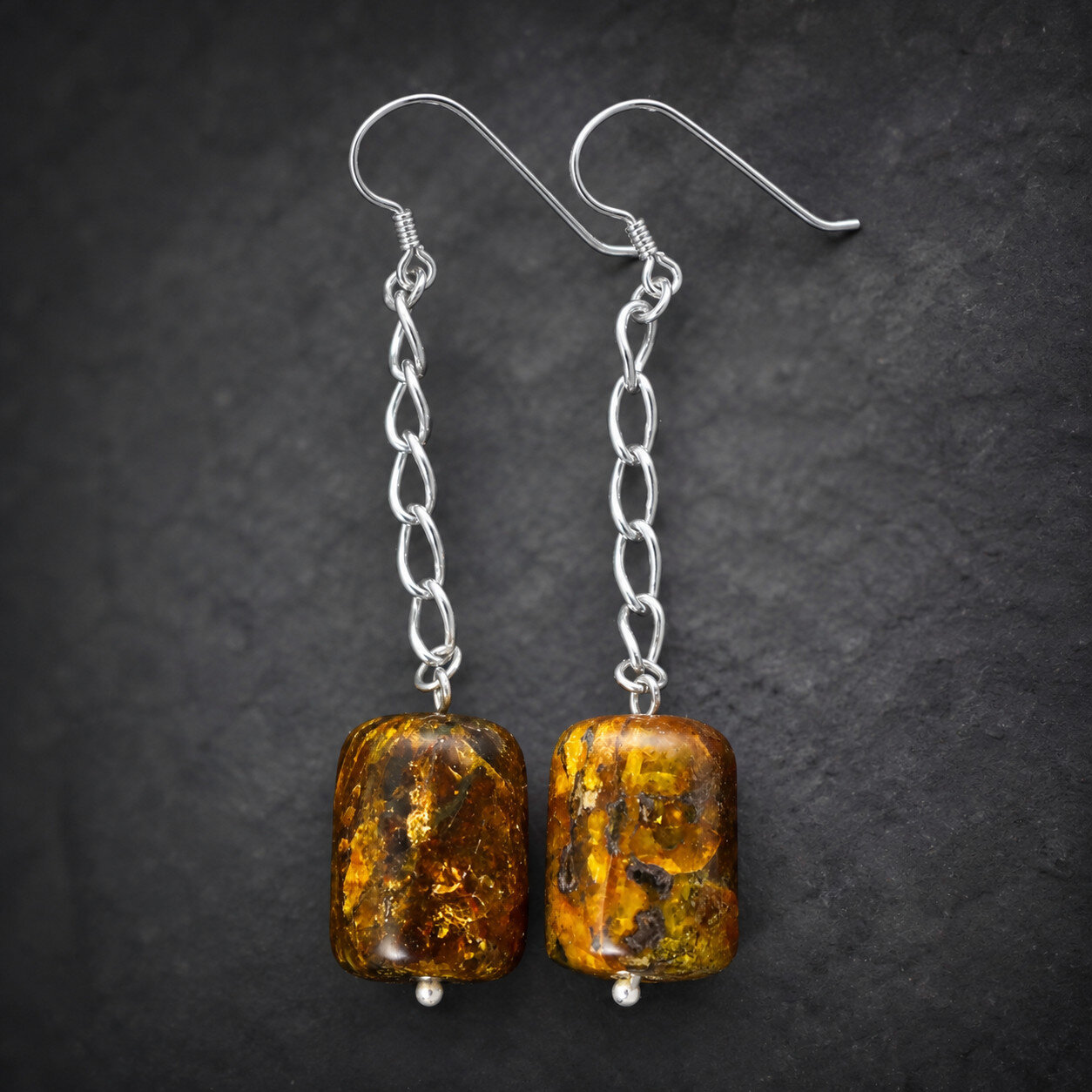 Charming 3inch Natural Transl. Orange Barrel Amber .925 Sterling Silver Earrings