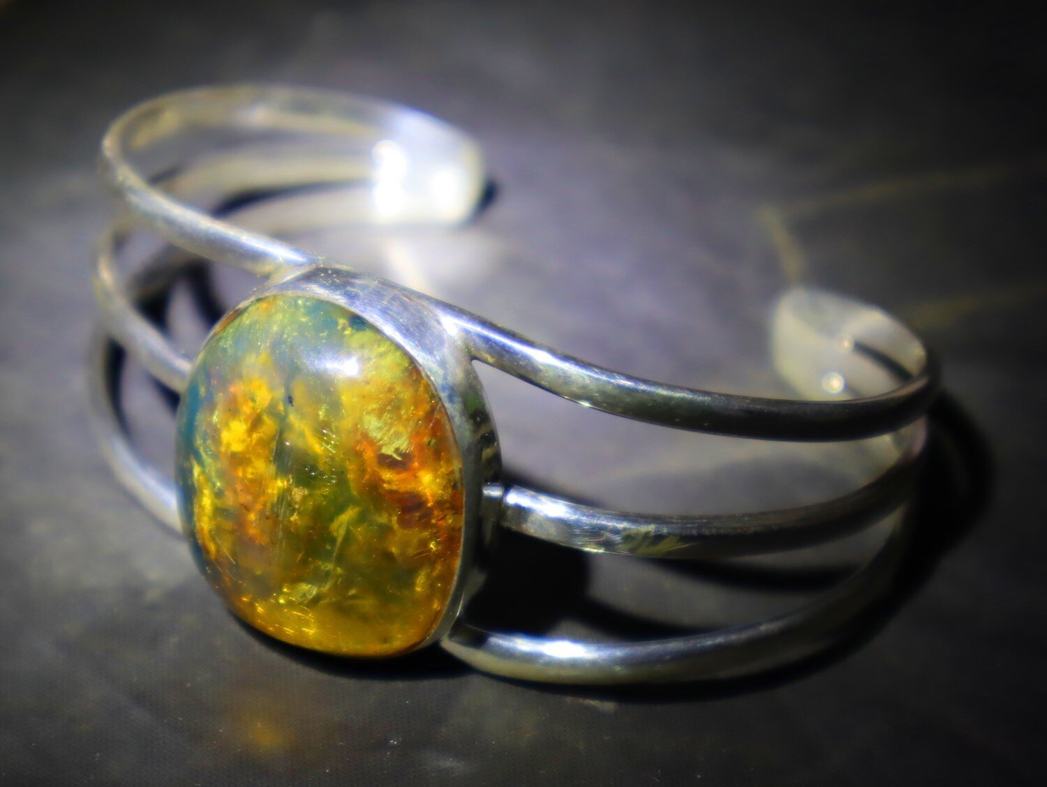 Natural Clear Green Blue Amber solid .925 Sterling Silver Cuff Bangle 7inch – photo 4