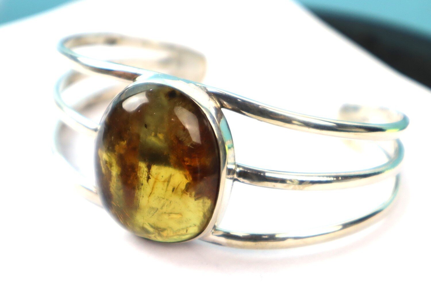 Natural Clear Green Blue Amber solid .925 Sterling Silver Cuff Bangle 7inch – photo 16