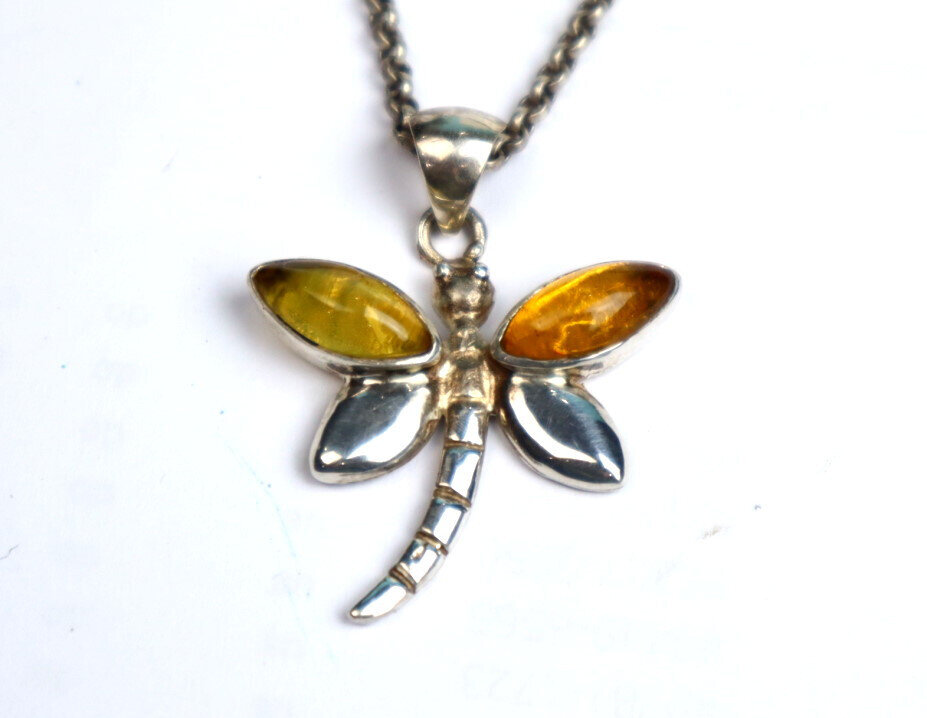 Natural Clear Orange Yellow Amber .925 Sterling Silver Dragonfly Pendant 40mm – photo 3