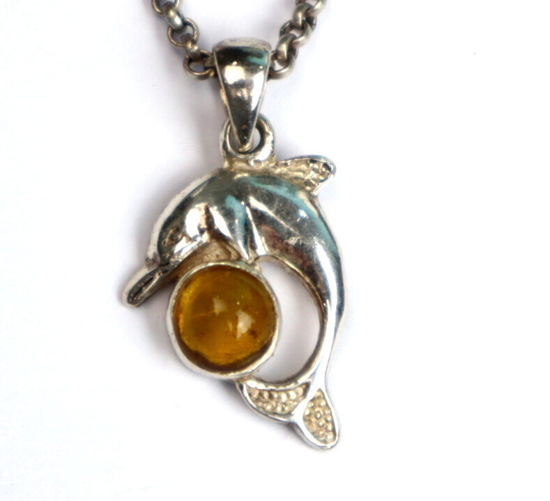 Beautiful Natural Orange Yellow Amber .925 Sterling Silver Dolphin Pendant 33mm – photo 5