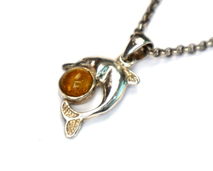 Beautiful Natural Orange Yellow Amber .925 Sterling Silver Dolphin Pendant 33mm – photo 6