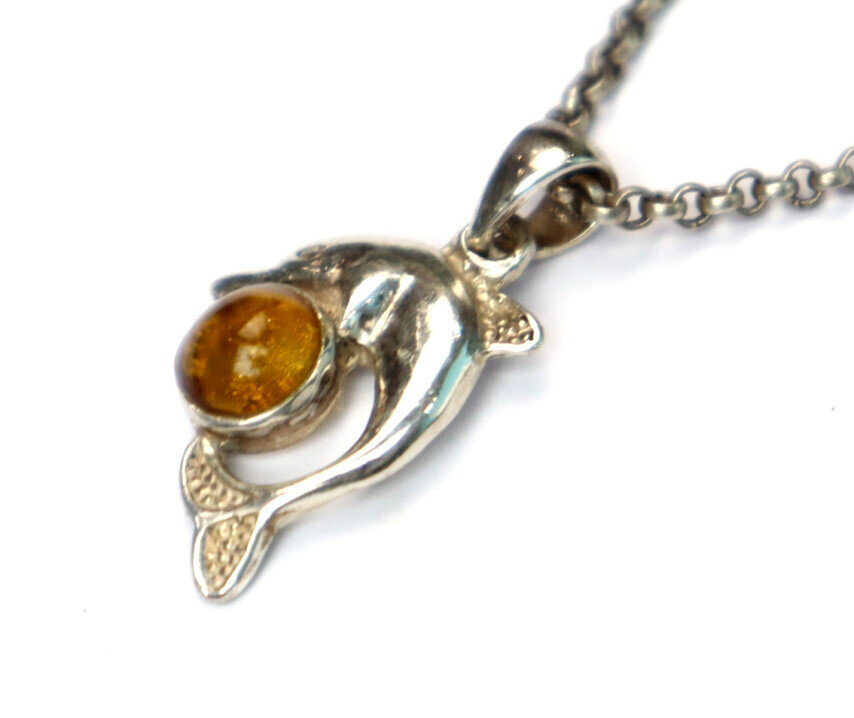 Beautiful Natural Orange Yellow Amber .925 Sterling Silver Dolphin Pendant 33mm – photo 7
