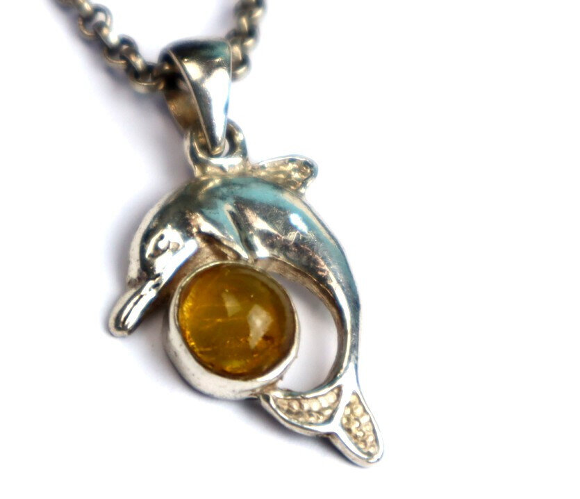 Beautiful Natural Orange Yellow Amber .925 Sterling Silver Dolphin Pendant 33mm – photo 9