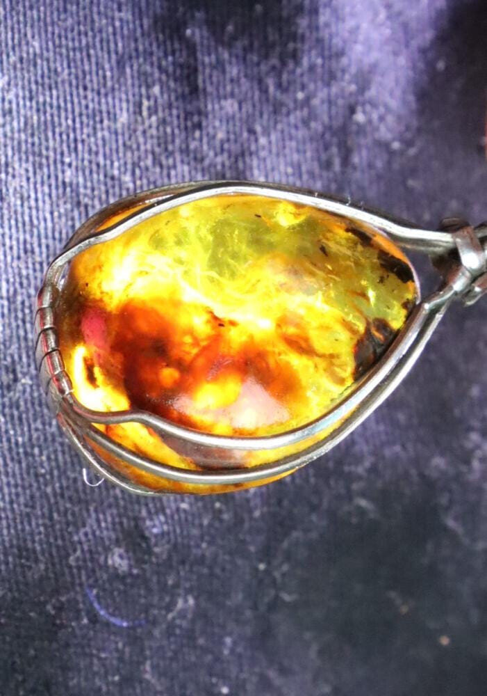 Handcrafted Wired Natural Clear Sky Green Amber 925 Sterling Silver Pendant 47mm – photo 6