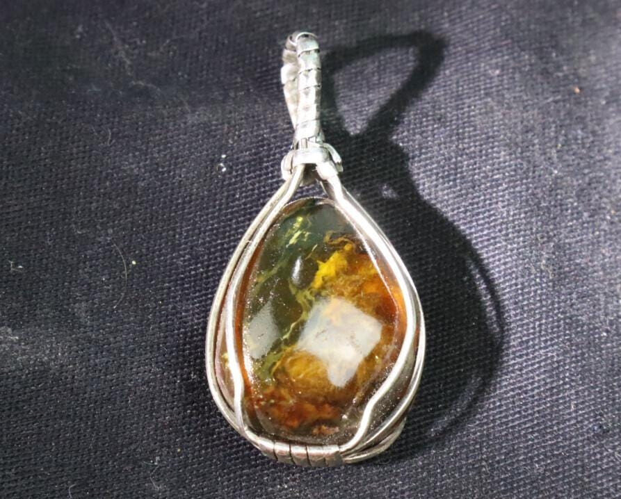 Handcrafted Wired Natural Clear Sky Green Amber 925 Sterling Silver Pendant 47mm – photo 12