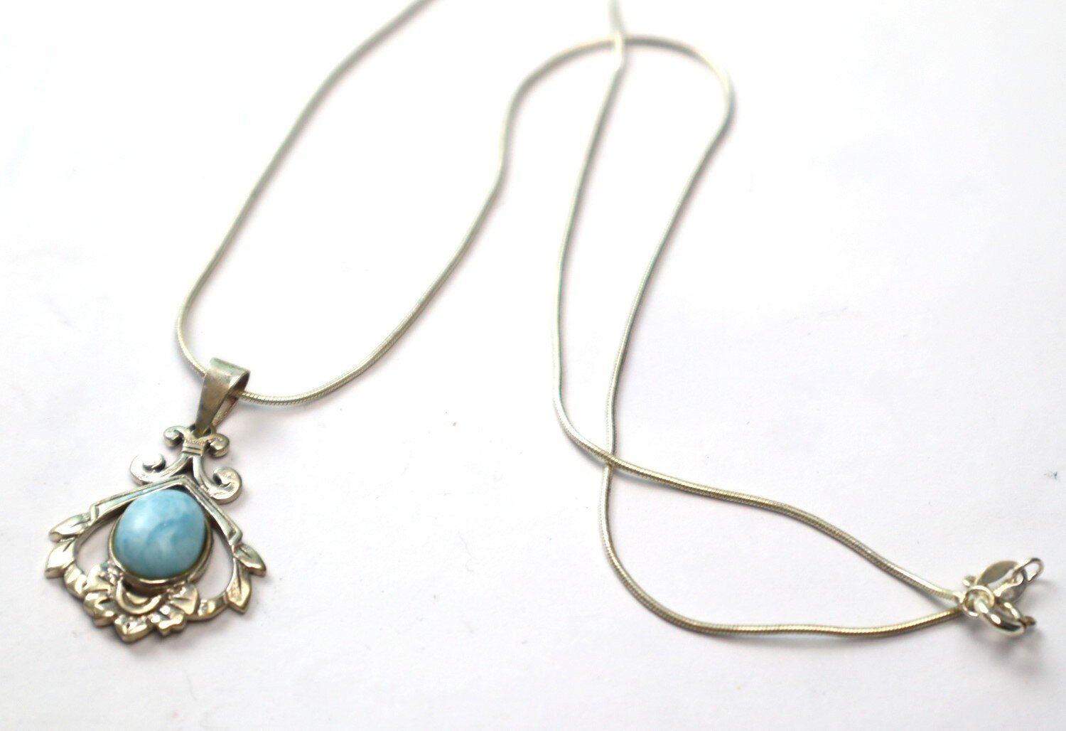 Charming Design Natural Sky Blue Larimar .925 Sterling Silver Necklace 17inch – photo 7