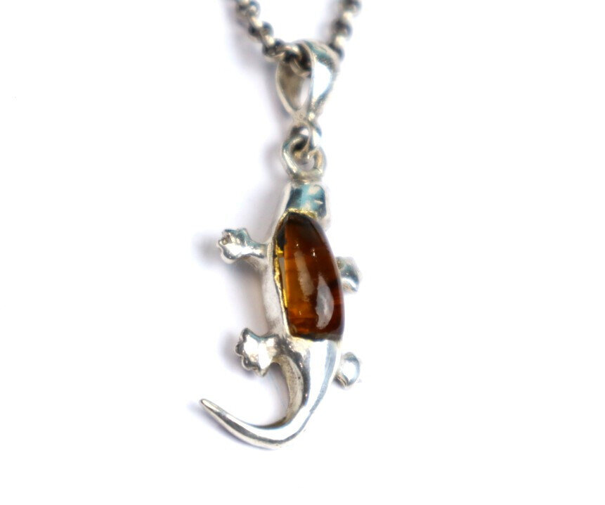 Natural Orange Red Amber .925 Sterling Silver Gecko Leguan Pendant 41mm – photo 6