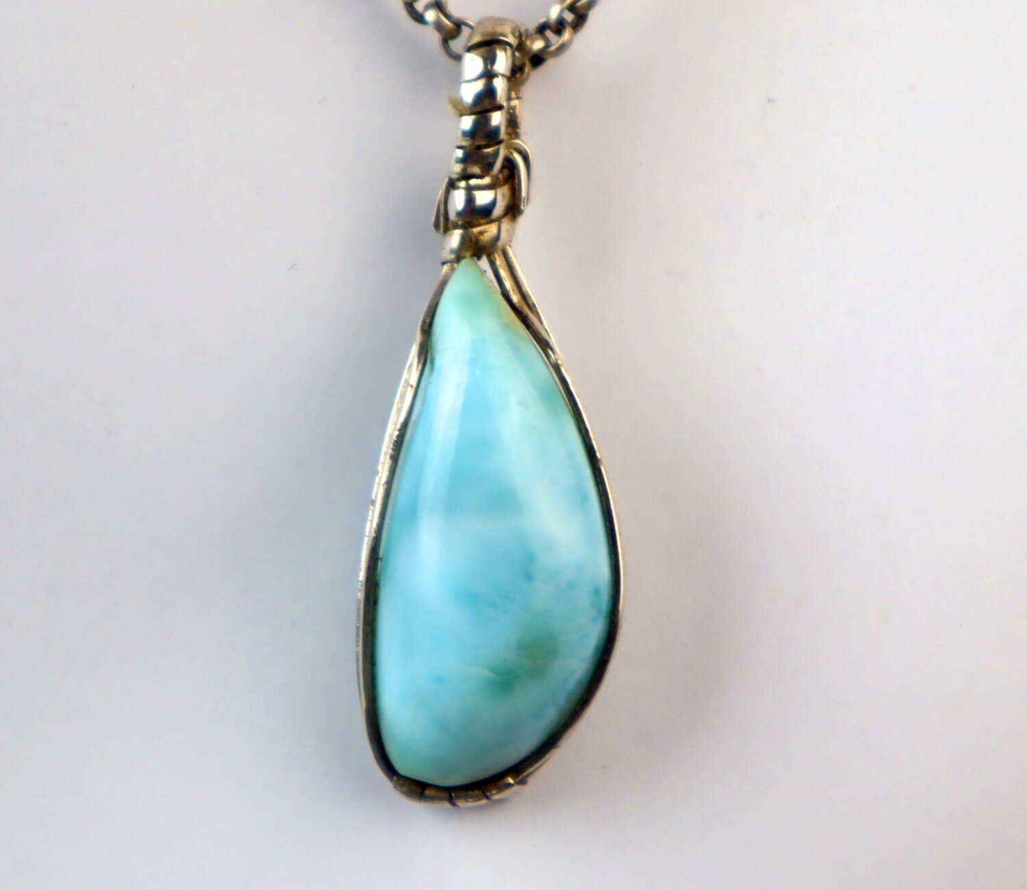 Handcrafted Natural Sky Blue Larimar .925 Sterling Silver Pendant 45mm – photo 5