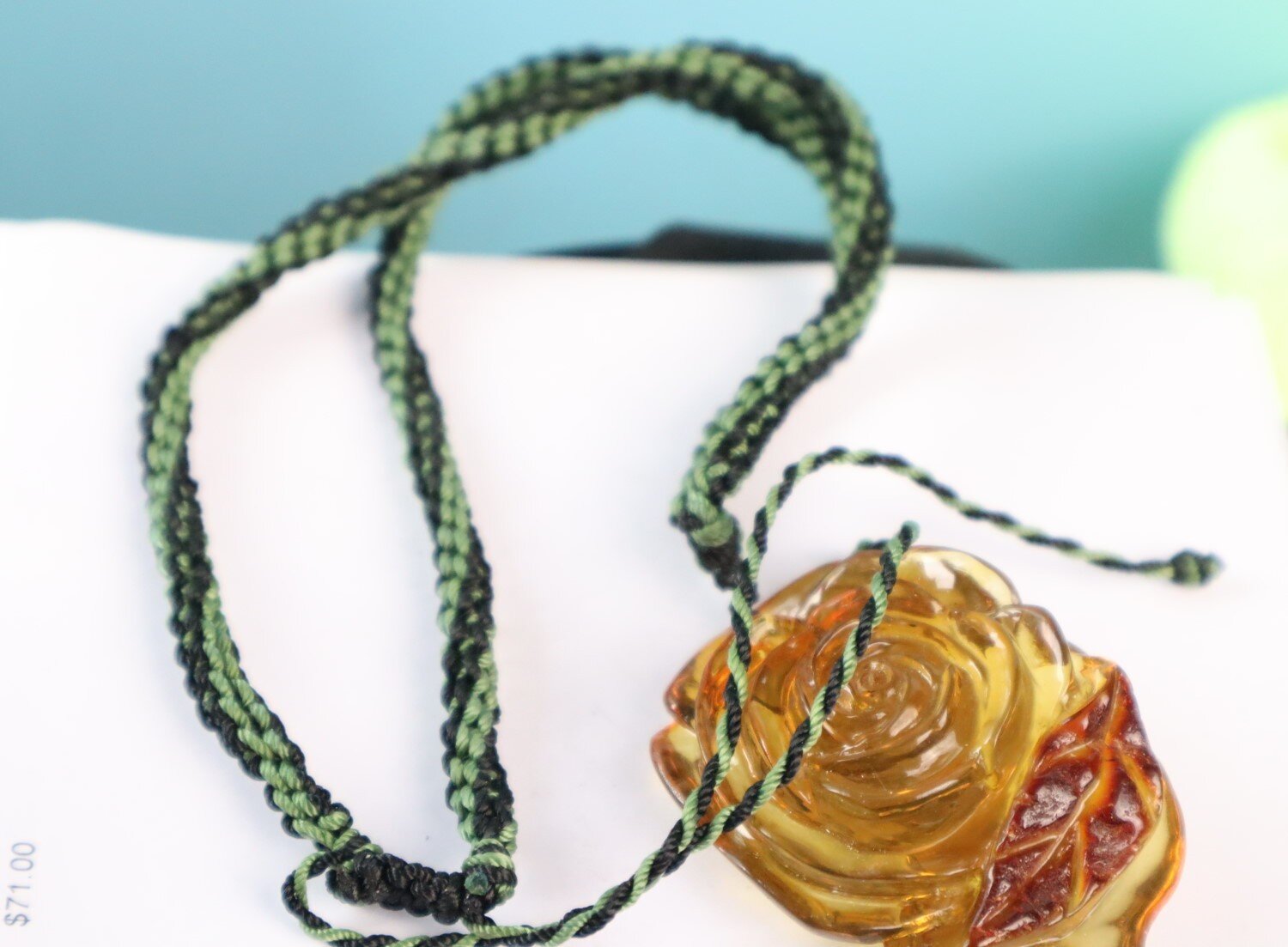 Hand-Carved Dominican Green Amber Pendant – Floral Design – photo 4