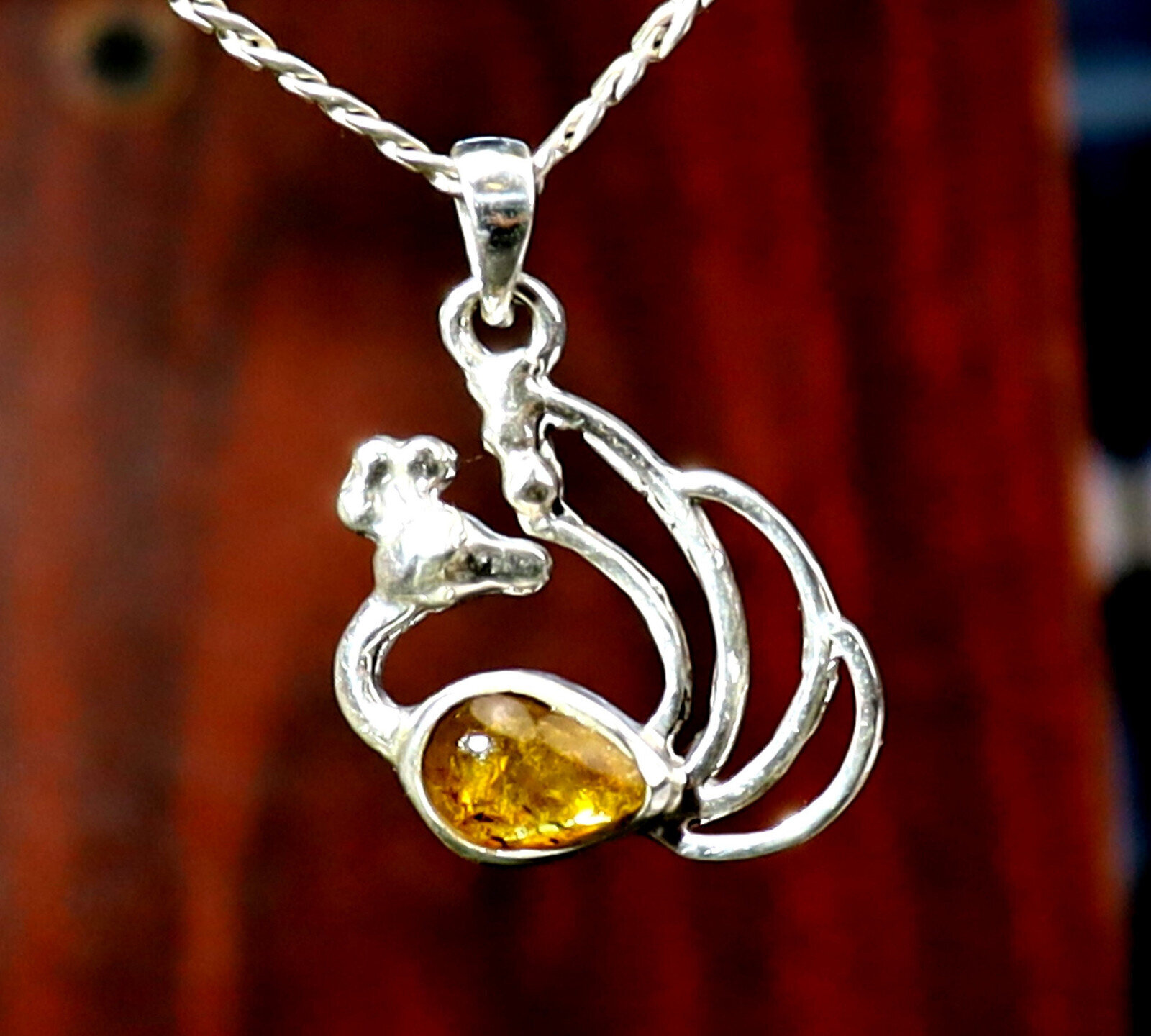 Exquisite Orange Green Amber .925 Sterling Silver Peacock Pendant 1.3inch – photo 3