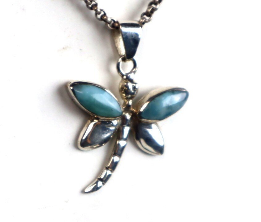 Natural Light Blue Larimar .925 Sterling Silver Dragonfly Pendant 37mm – photo 5