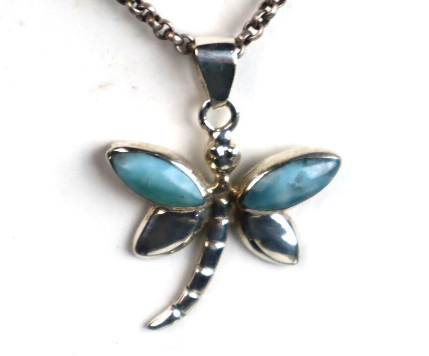 Natural Light Blue Larimar .925 Sterling Silver Dragonfly Pendant 37mm – photo 6