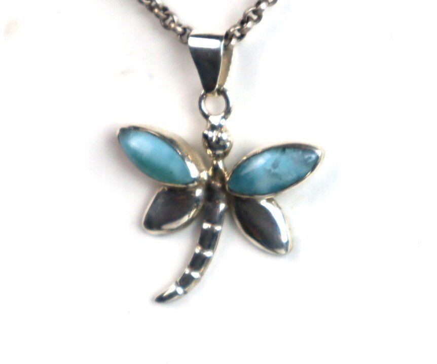 Natural Light Blue Larimar .925 Sterling Silver Dragonfly Pendant 37mm – photo 8
