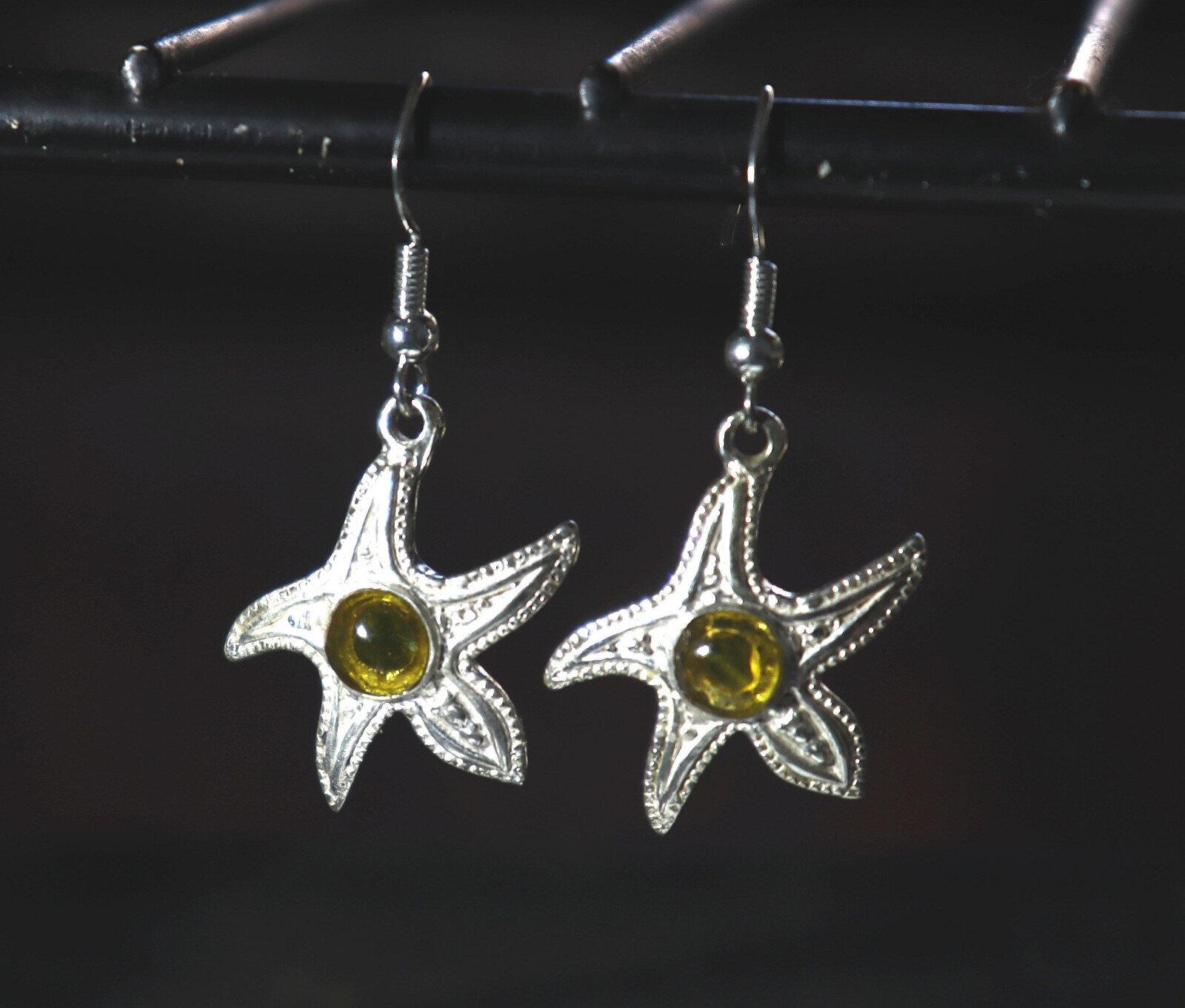 Natural Clear Yellow Amber .925 Sterling Silver Sea Star Starfish Earrings 1.7" – photo 4